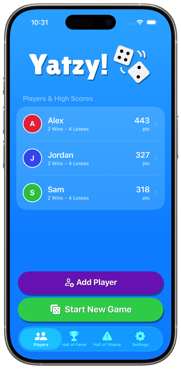 Yatzy Scorecard home screen