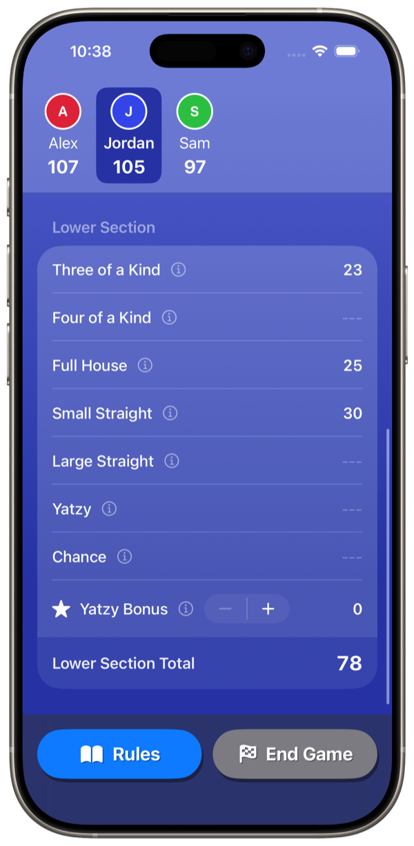 Yatzy Scorecard game screen